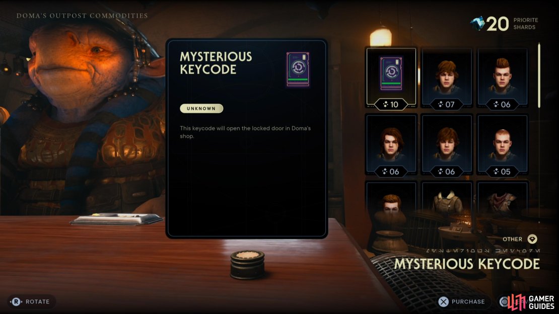 You can purchase the Mysterious Keycode at Doma&rsquo;s Shop on Koboh.