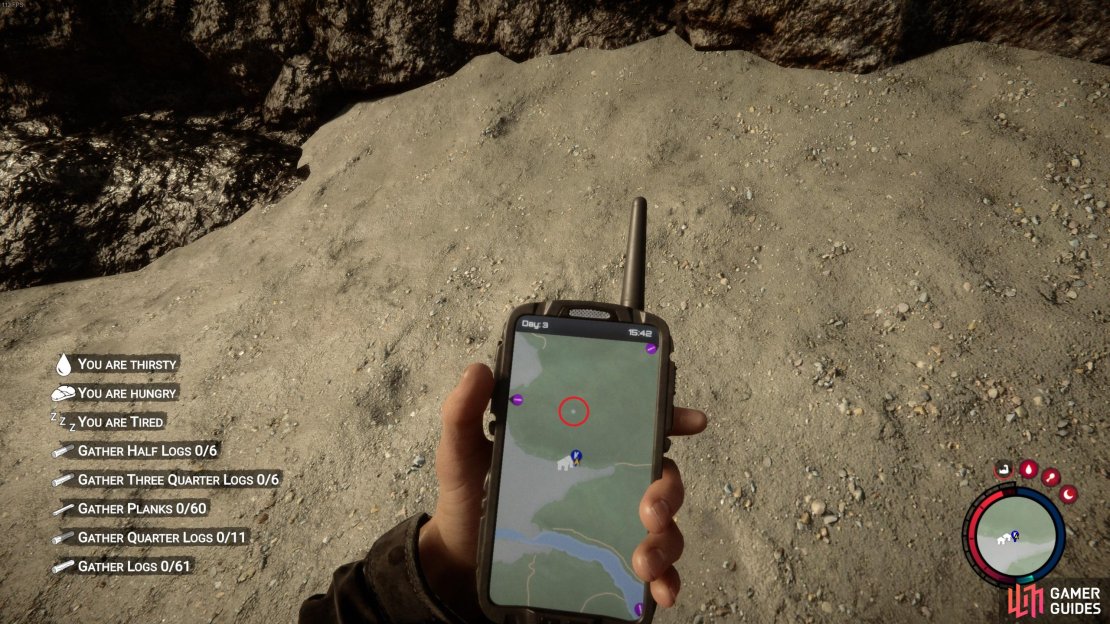 Look for patches of water like the one highlighted on the map here to drink from.