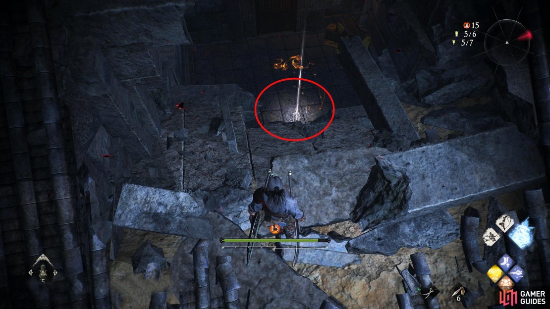 Follow the right side of the right building&rsquo;s roof from the ramparts and drop through the hole in the roof. 