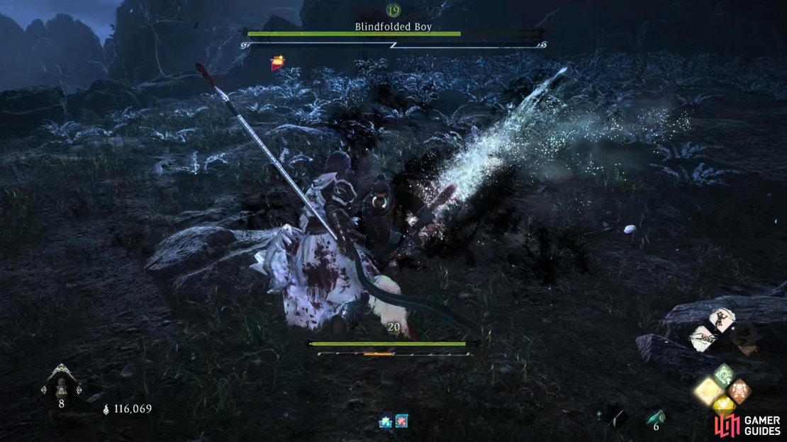 The boss will have a shadow around his sword before he unleashes an upward slash.