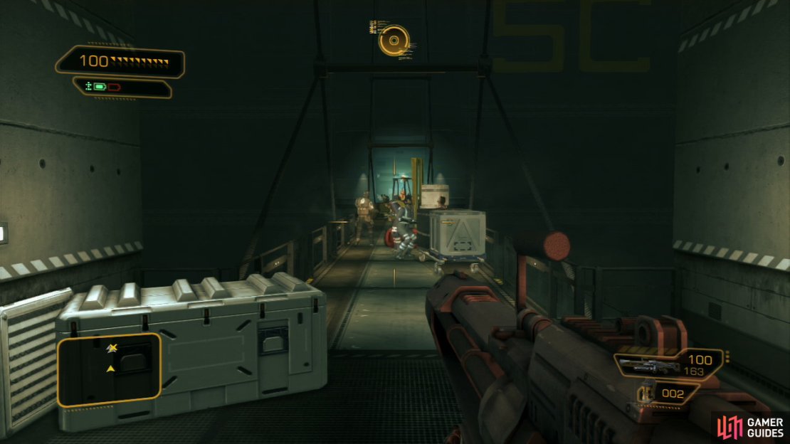 If you don&rsquo;t want to sneak then use the nearby heavy machine gun to blow the crazies away. Or creep through the vent to the left here and hack the PC to activate the turret at the end of the walkway.
