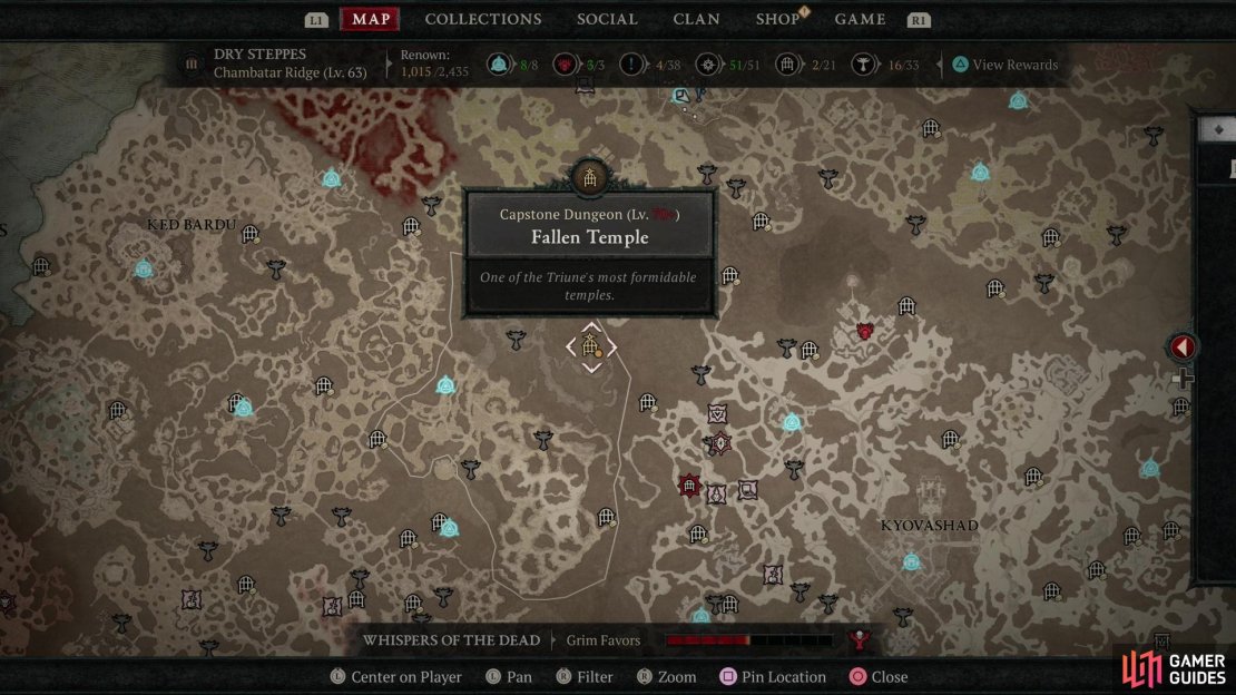 You can find the !Fallen Temple Capstone Dungeon along the eastern edge of the Chambatar Ridge subregion in the Dry Steppes.