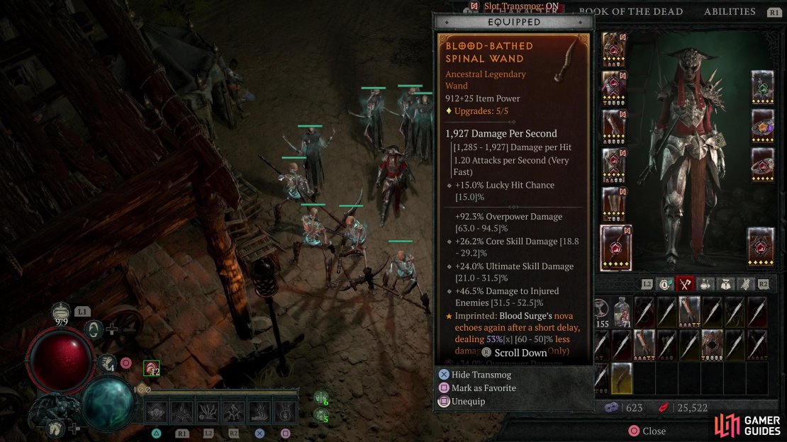 The Blood-Bathed aspect is the core of the build, giving a solid bonus to Blood Surge damage.