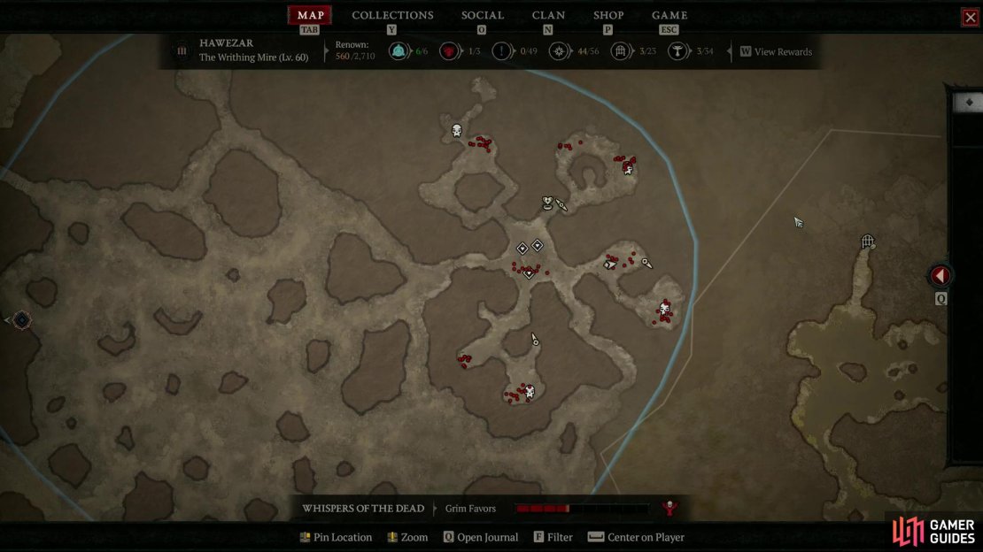 This is a map of the !Eriman&rsquo;s Pyre Stronghold, showcasing all quarters you need to clear by getting Villager Remains and entering those areas by spending them on the Fiery Focus around the Pyre itself.