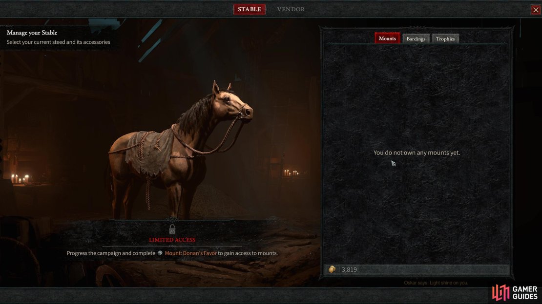 This is the screen where you will ultimately be able to choose your mount and go riding.