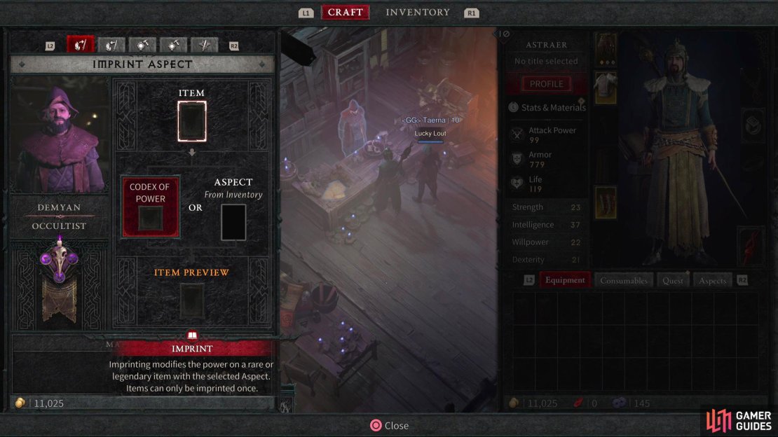 The Occultist offers five services. This one is Imprint Aspect which allows you to take an Aspect from your Power of Codex or an item you&rsquo;ve extracted.