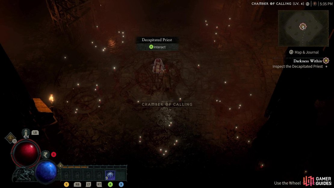Interact with the decapitated priest to start the boss fight against !X&rsquo;fal, The Scarred Baron.