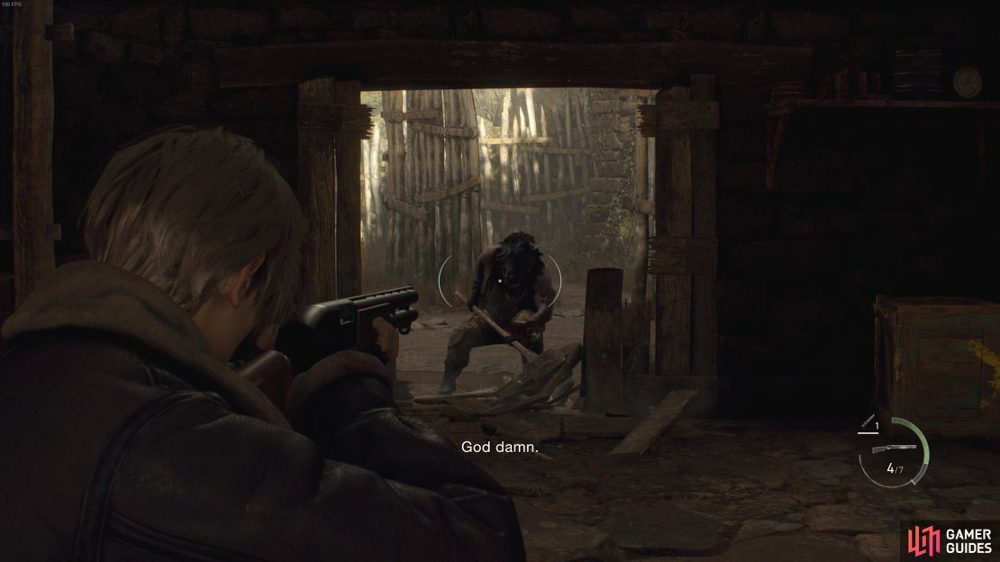 The brute will burst through the barn doors a short while after you enter it.