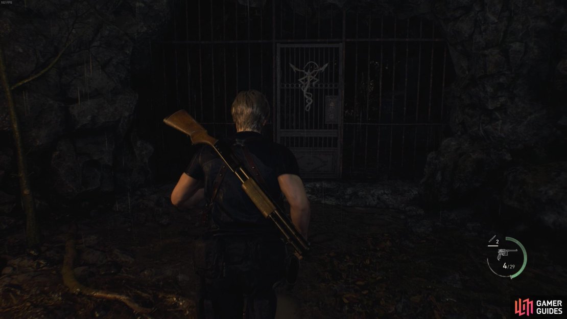 Use the Insignia Key to enter the cave in the Lakeside Settlement.