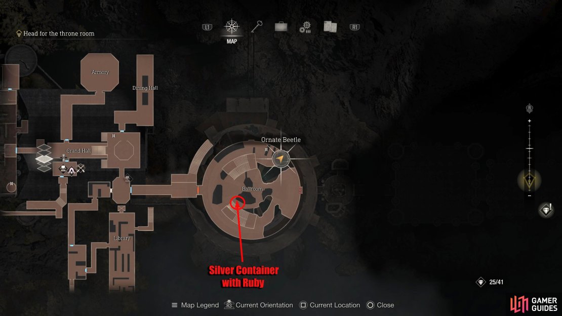 The Ruby can be found under the rubble to the right of the stairs.