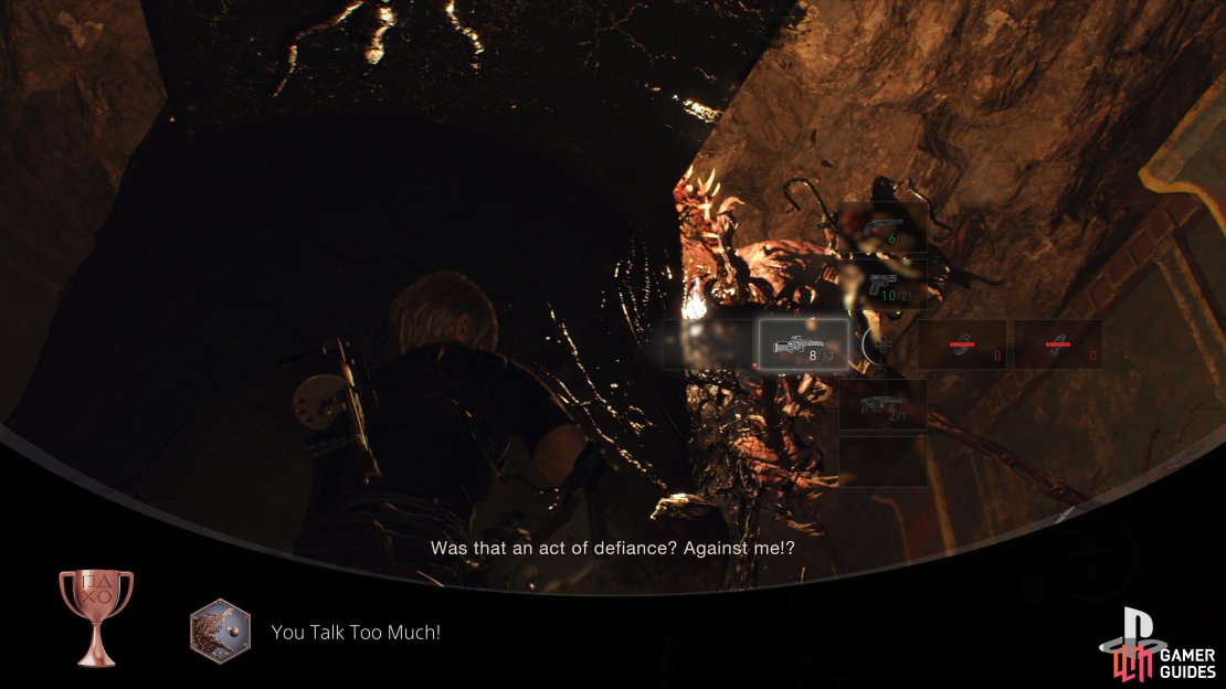 You&rsquo;ll obtain the  You Talk Too Much  Trophy/Achievement upon successfully throwing a grenade into his mouth.