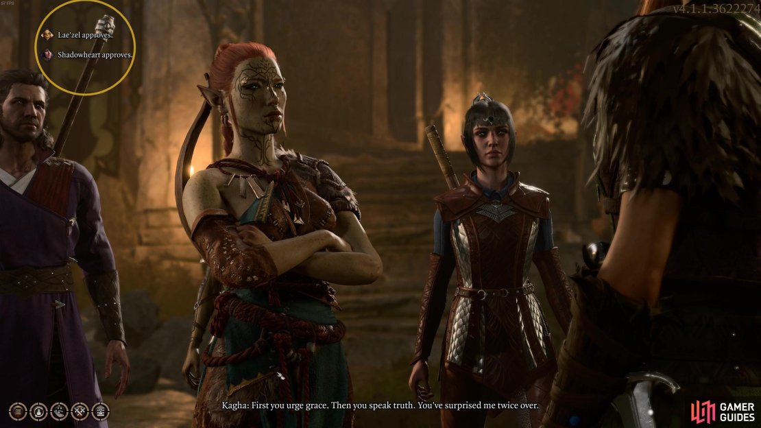 Keep an eye out for info in the top left that indicates when you&rsquo;ve won the approval or disapproval of your companions!