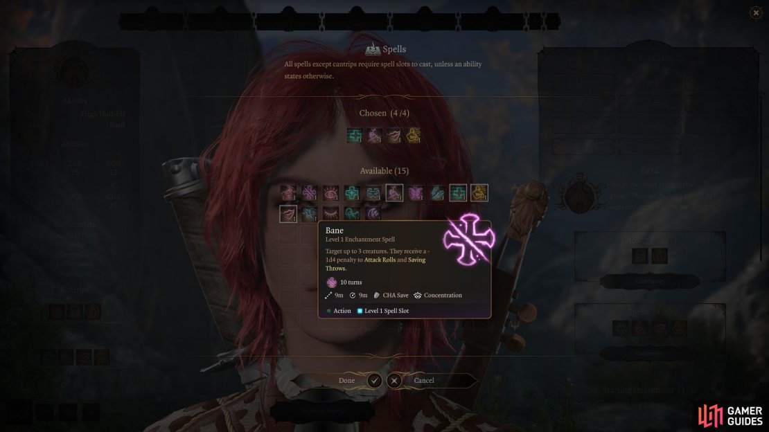 A spell&rsquo;s info box details its various parameters, including duration, range, radius, Saving Throw, whether it requires Concentration and its casting time.