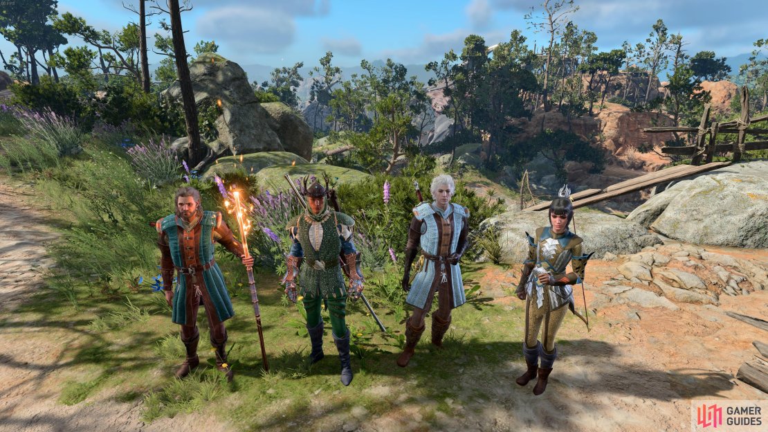 The gang with their newly-dyed armors, Baldur&rsquo;s Gate 3.