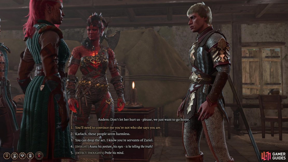 If you confront the paladins at the Toll House with Karlach, you can perform some checks to determine who is telling the truth.