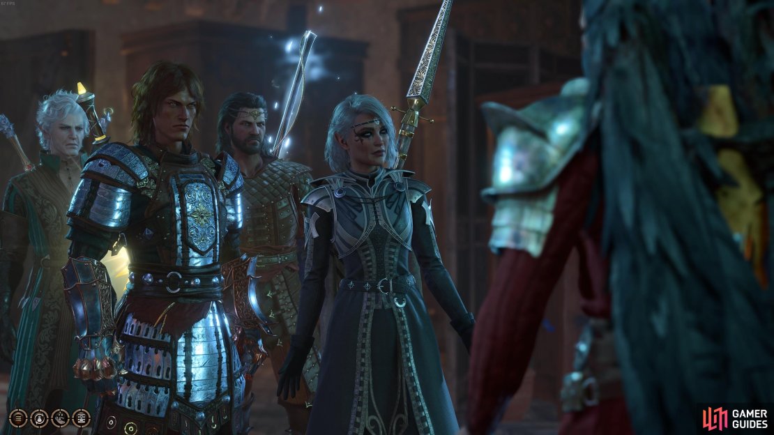 The gang looking a bit miffed at Flaming Fist Marcus&rsquo; appearance, Baldur&rsquo;s Gate 3.