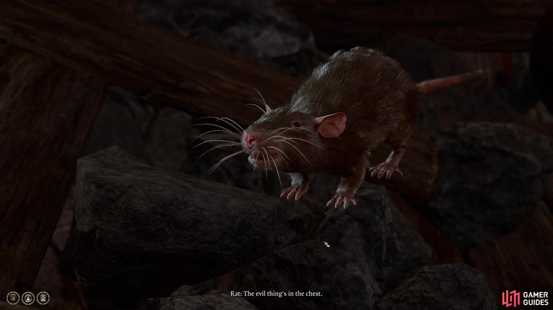 Seek out a rat outside of Gammon&rsquo;s shop and talk to it with Speak With Animals active to learn about the &ldquo;evil thing&rdquo;.