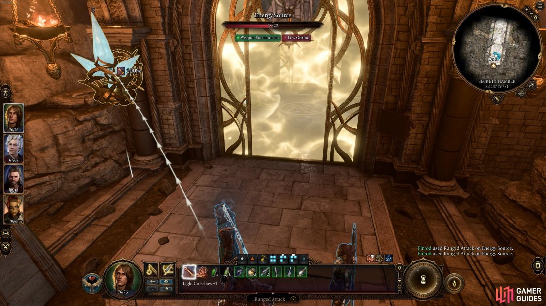 Destroy the first energy source crystal to dispel the barrier.