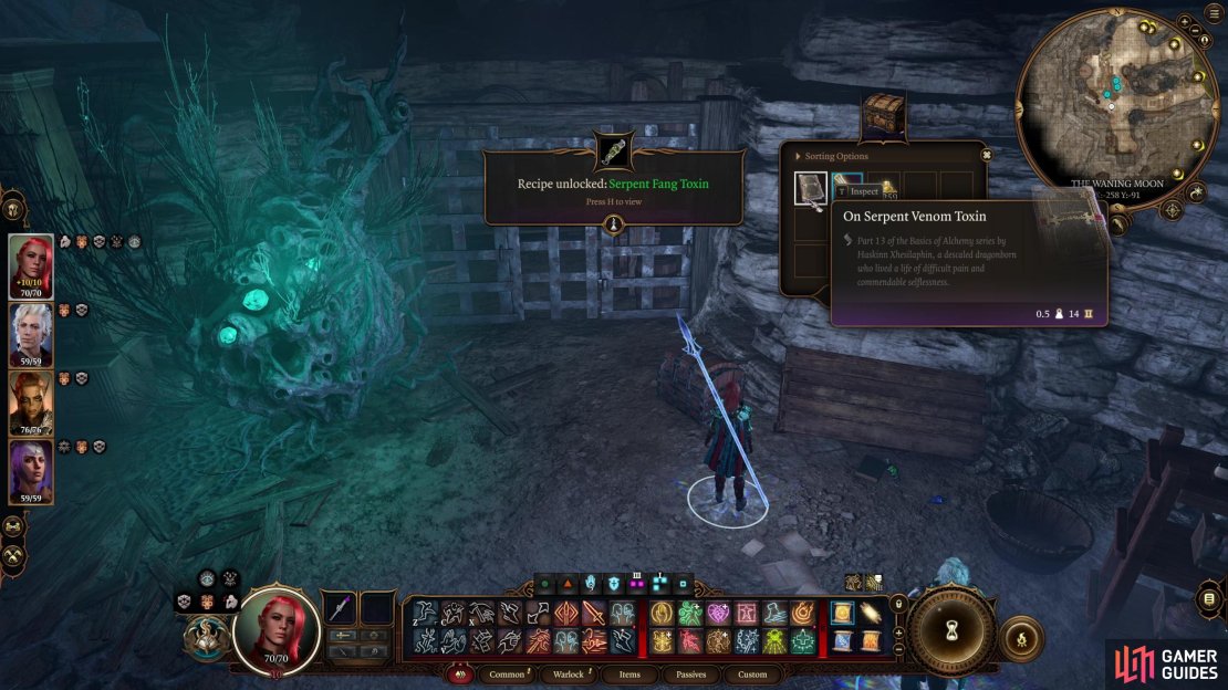 Plunder a nearby chest to find another recipe, this time for Serpent Venom Toxin.