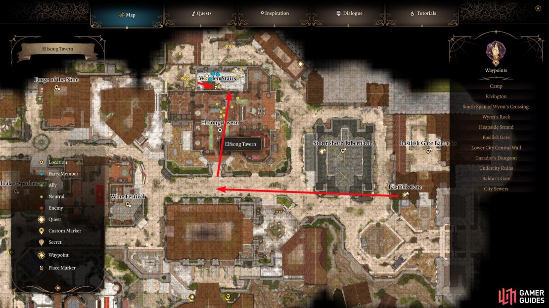 From the Basilisk Gate, head west to Elfsong Tavern.