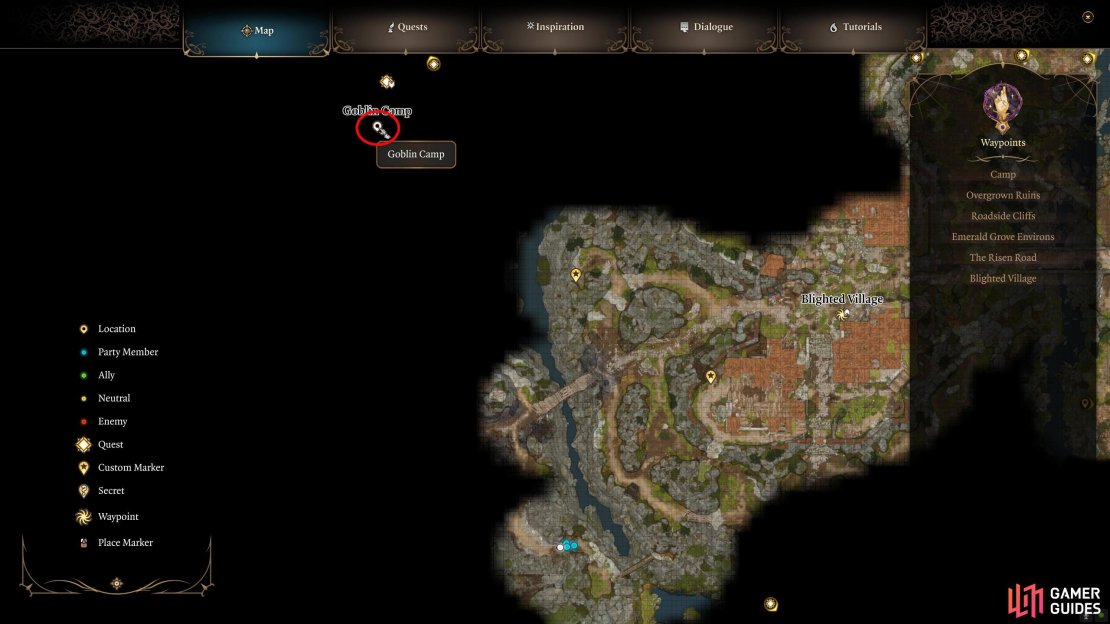 The Goblin Camp is northwest of the Blighted Village.