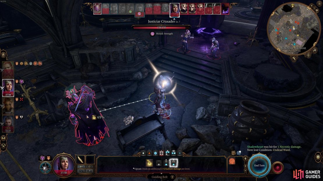 We used a higher spell slot to cast an uber powerful Guiding Bolt on the Justiciar Crusader.