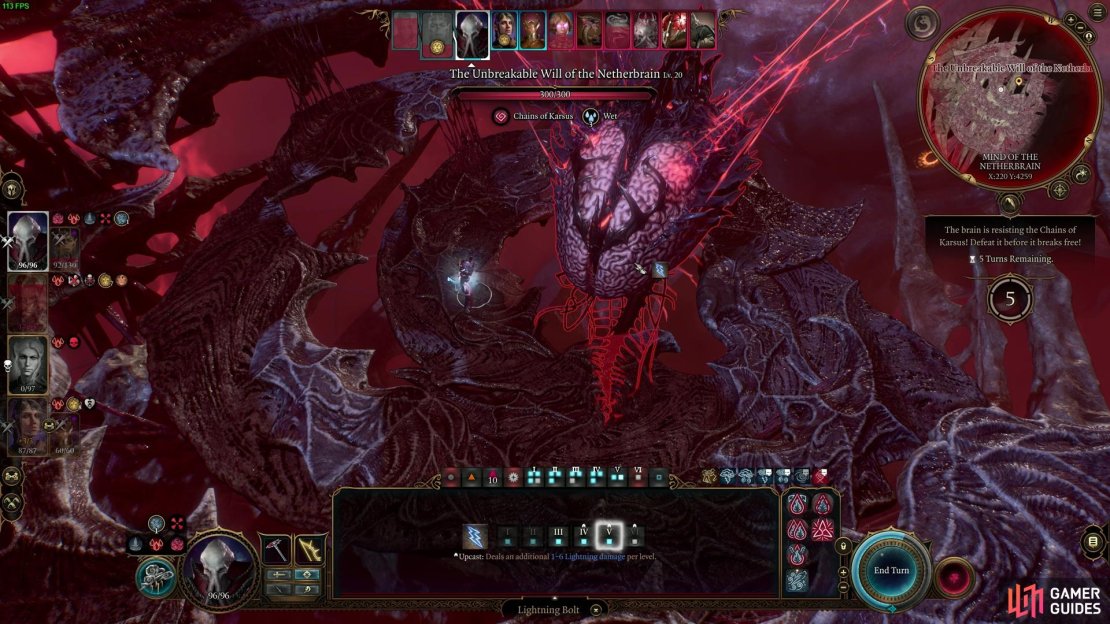 Once you&rsquo;re inside, you need to hit the brain for 300 points of damage in 5 turns to complete the fight. You can bring all your allies in here too if you want.