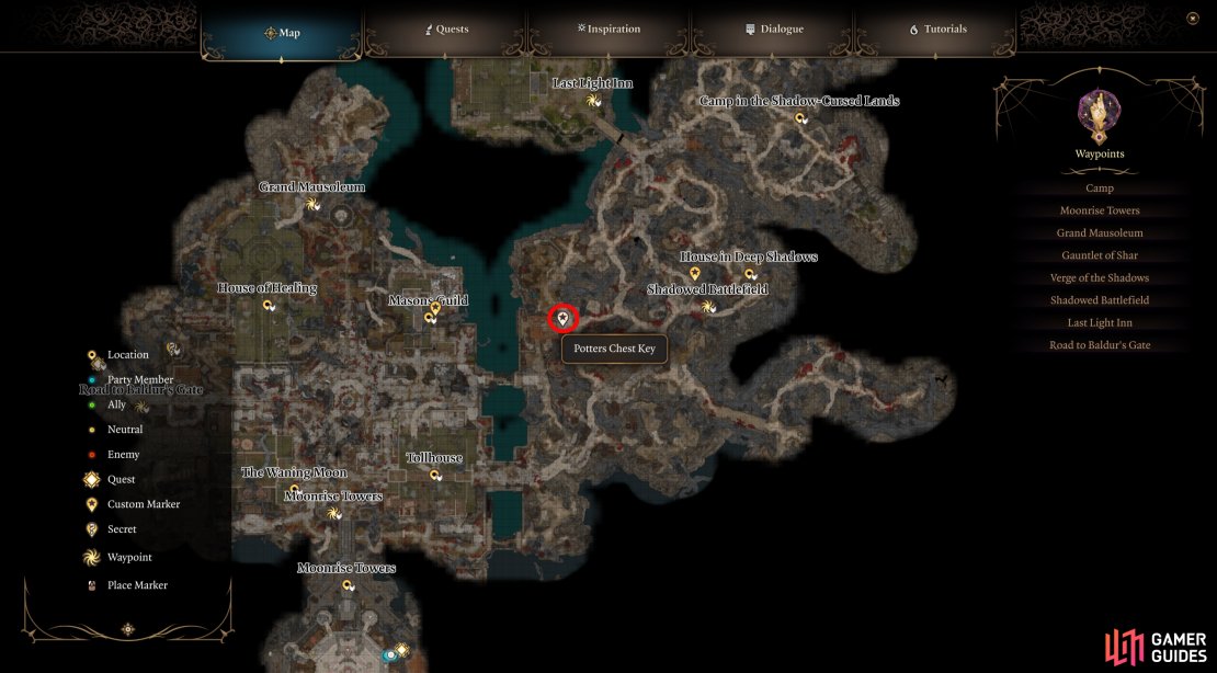 The Potter&rsquo;s Chest and Key can be found to the west of the Shadowed Battlefield waypoint.