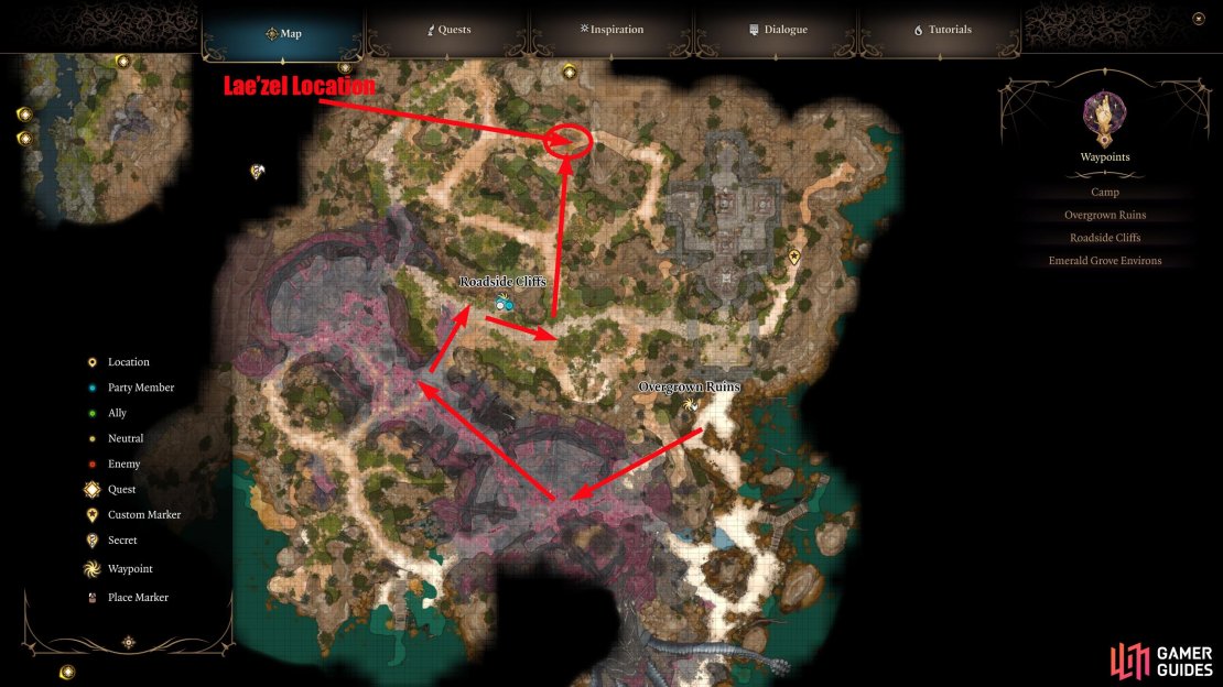 From the Overgrown Ruins waypoint, you can follow this route to find Lae&rsquo;zel with minimal battles.