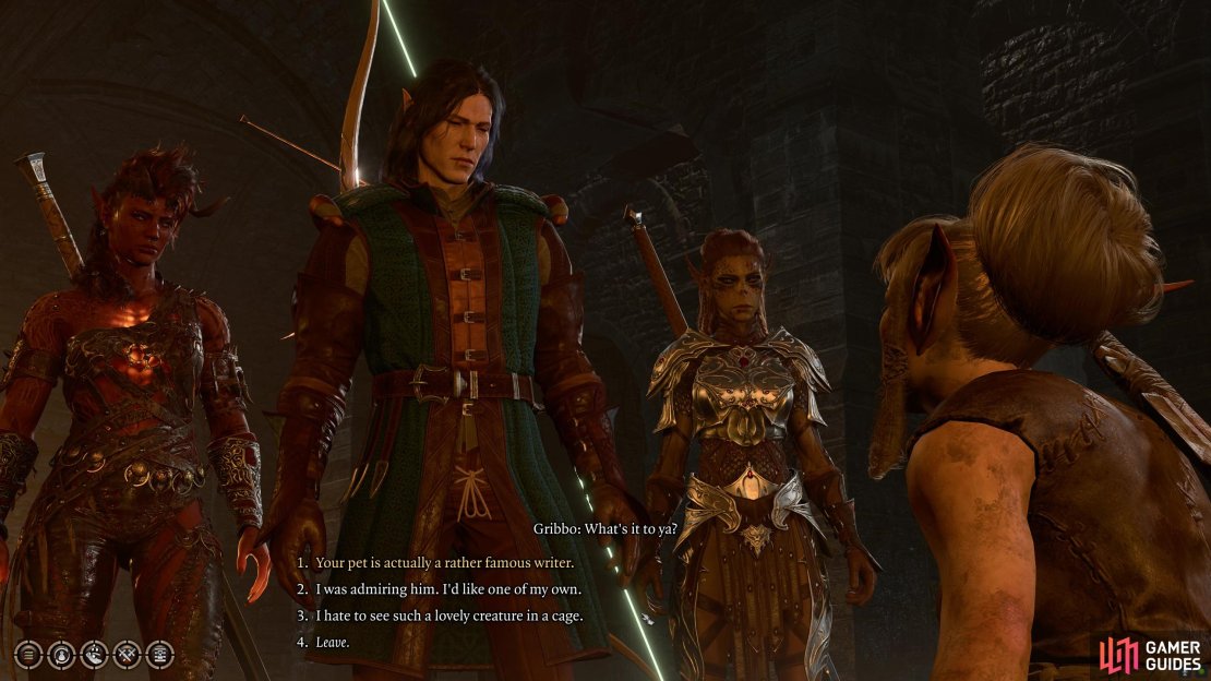 Tell Gribbo you hate to see a lovely creature in a cage, then choose any of the options to get her to leave.