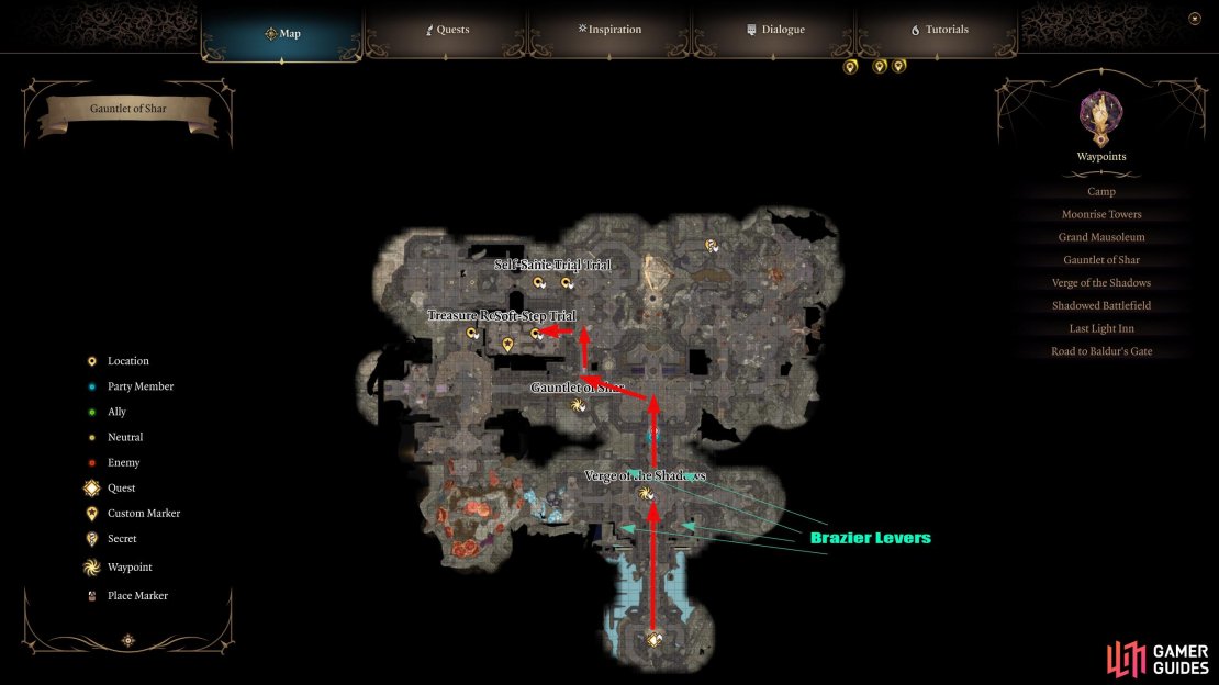 This map shows you the optimal route to reaching the trial, although you&rsquo;ll have to complete a puzzle on the way.