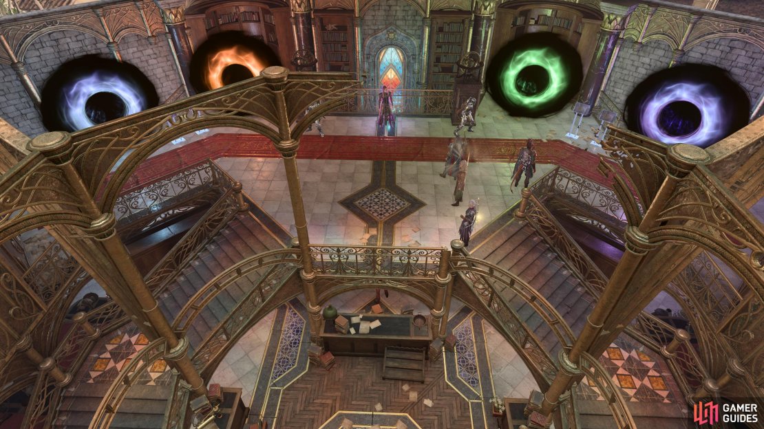 On the second floor, you&rsquo;ll need to choose the correct portal to go through. Select the first white one on the left to meet Lorroakan.