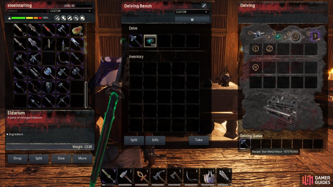 You need to place 50 Eldarium and almost any armor or weapon piece into the &ldquo;Delve&rdquo; section of the Delving Bench.