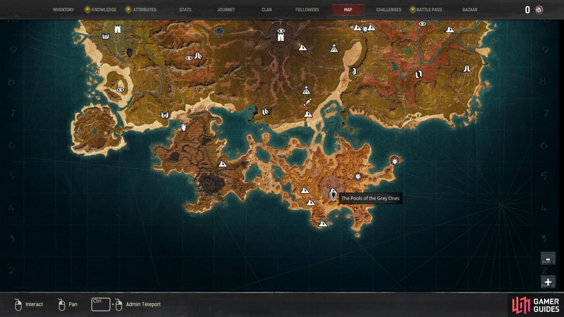 The location of the Pools of the Grey Ones in the far southeast of the Isle of Siptah map.