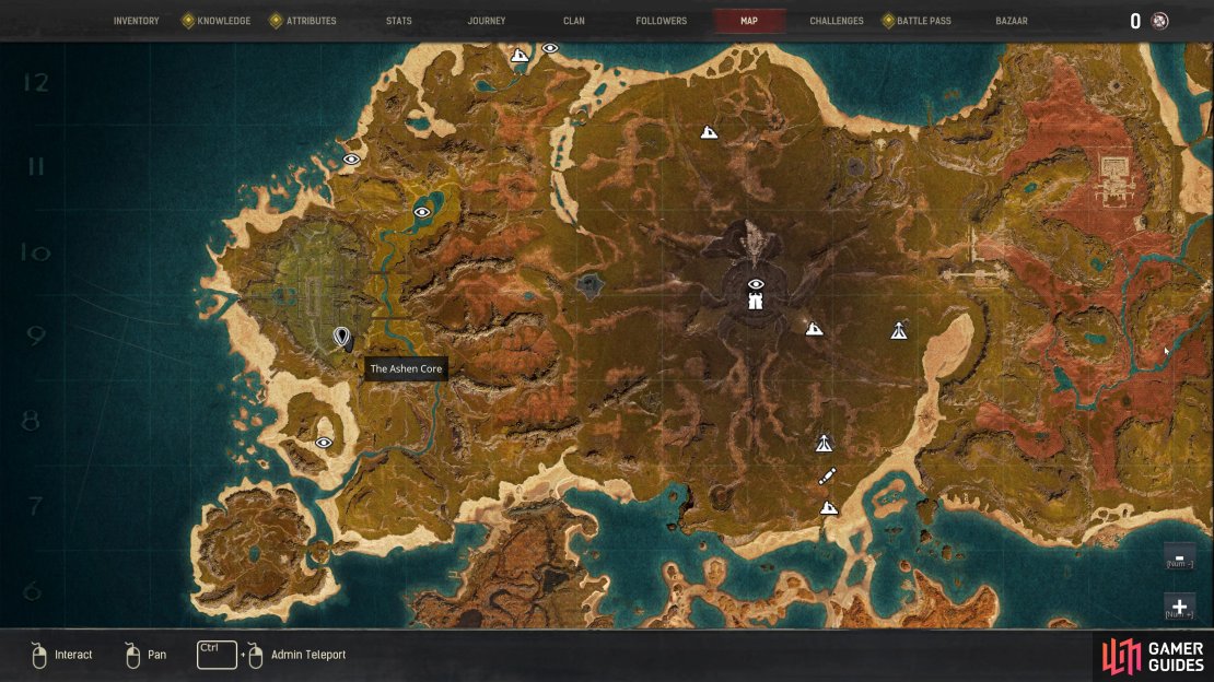 The location of The Ashen Core in the western part of the Isle of Siptah map, close to where you first spawn.