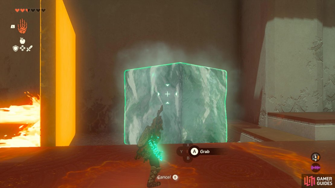 First use the platform to block the flames so you can grab the ice cube.