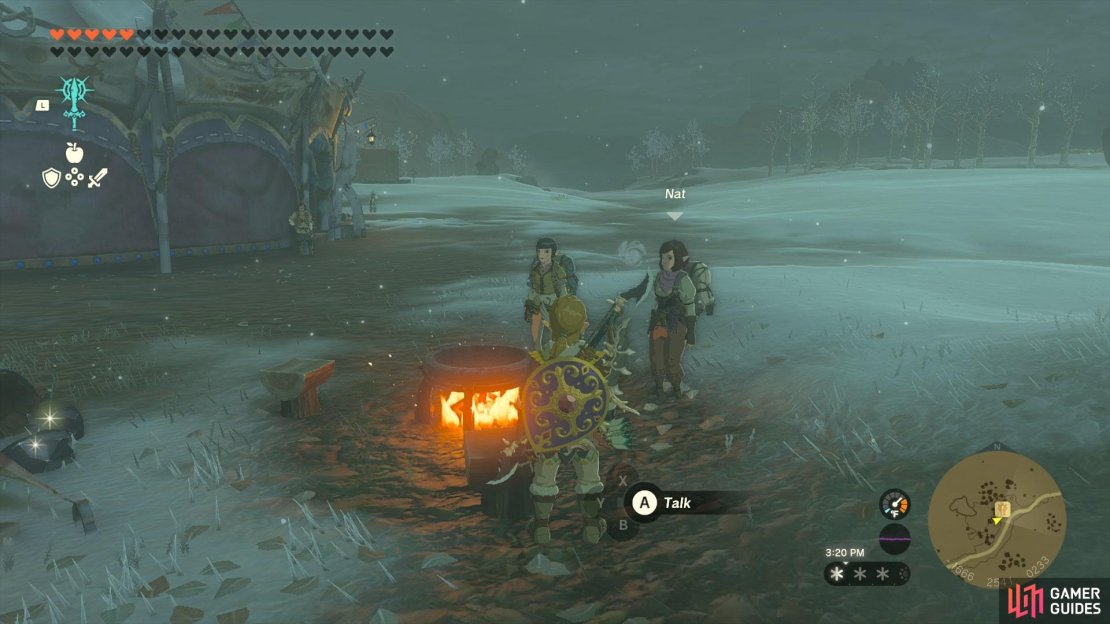 Meghyn and Nat are at a cooking pot outside of Snowfield Stable.