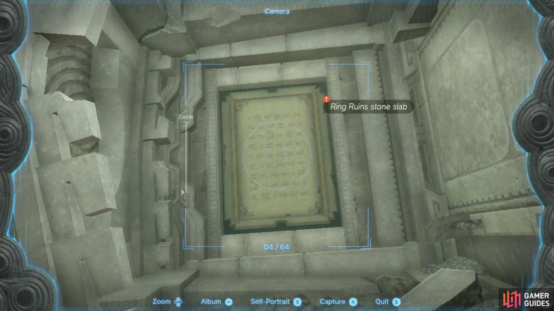 Ascend into the Ring Ruin and take a picture of the slab to show Tauro and Paya.