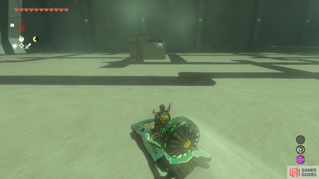 The first chest is on this raised platform, not far from where the ball landed.