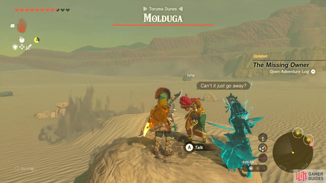 Isha can be found in the Toruma Dunes area, in the western part of the Gerudo Desert.