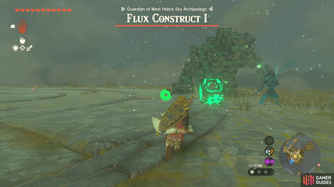 The glowing block is the weak point for the Flux Construct.