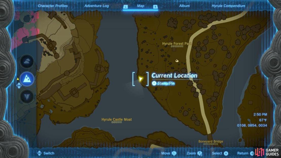 The location of the cliff edge from which you can jump to find the Hyrule Castle Moat East Chasm.