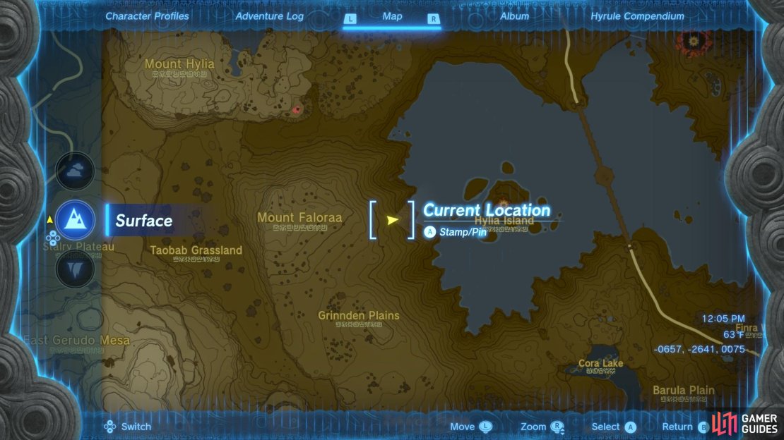 Head to the hills west of Lake Hylia Chasm in the south of the Surface map.