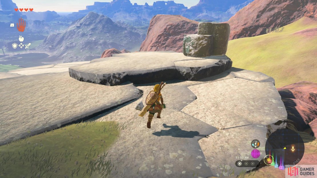 Find some flying rocks west of the tower and climb onto one shortly after it lands,