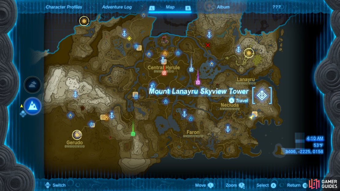 Mount Lanayru Skyview Tower can be found in the aptly named Mount Lanayru subregion, along the southeastern corner of Hyrule.