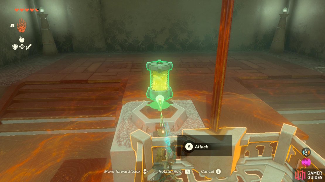 Use the recharged battery to power the platform that&rsquo;ll take you to the end of the shrine. 