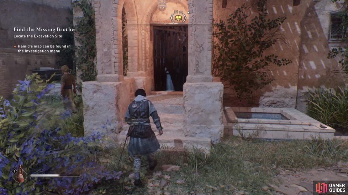 The front door is barricaded by some boards, so break them with your sword.