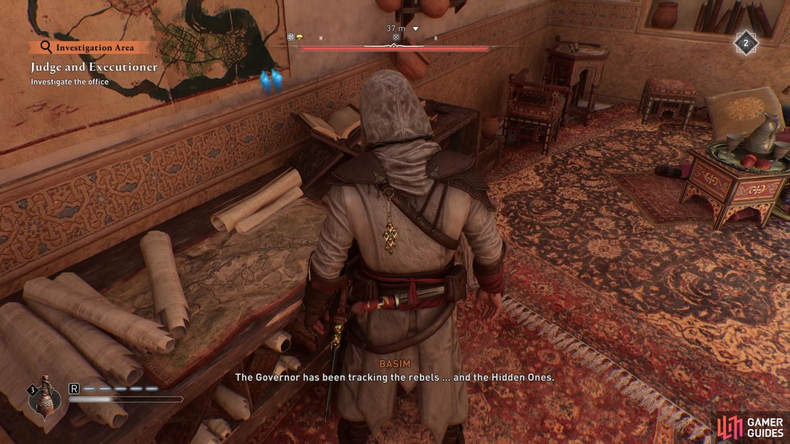 Inspect the map of Alamut on the table.