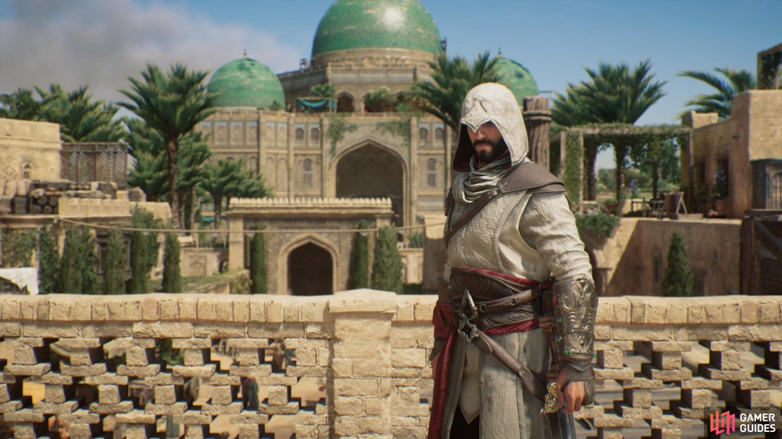 Basim outside the Palace of the Green Dome in Assassin&rsquo;s Creed Mirage.