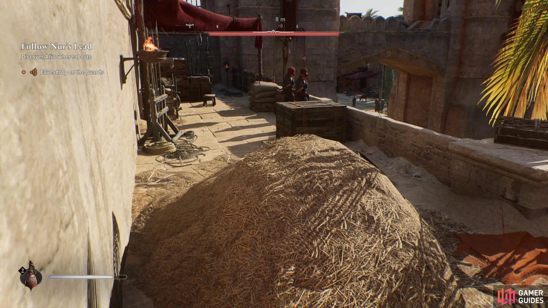 You can hide in the haystack to eavesdrop on the guards&rsquo; conversation.